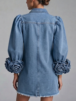 3d Floral‑cuff Raw‑edge Denim‑style Shirt Mini Dress