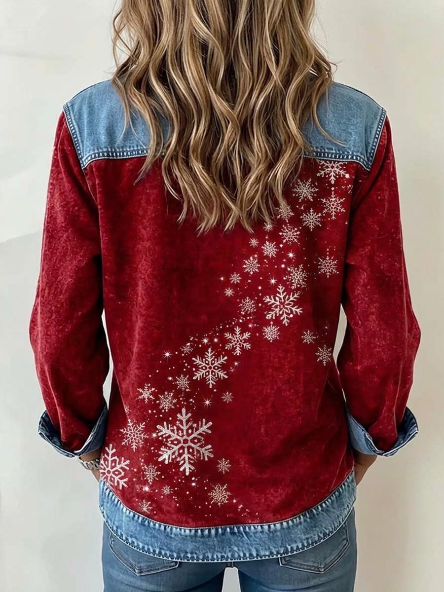 Women's Christmas Snowflake Print Top With Denim Accents