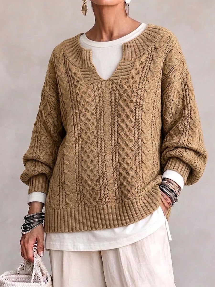 Vintage-style Cable-knit Sweater With A Small Notched V-neck