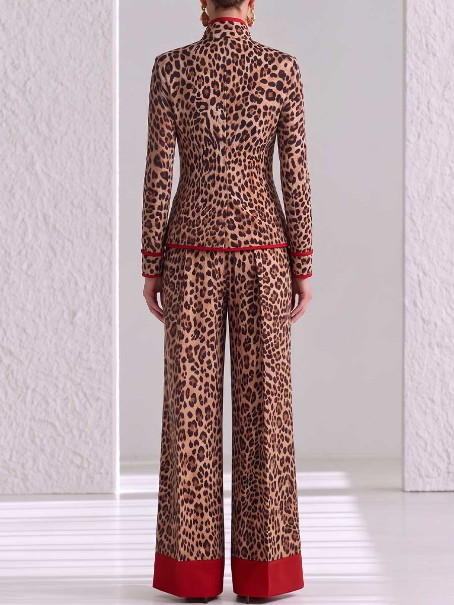 Women's Leopard Print High-waisted Casual Loose Color-blocked Wide-leg Pants