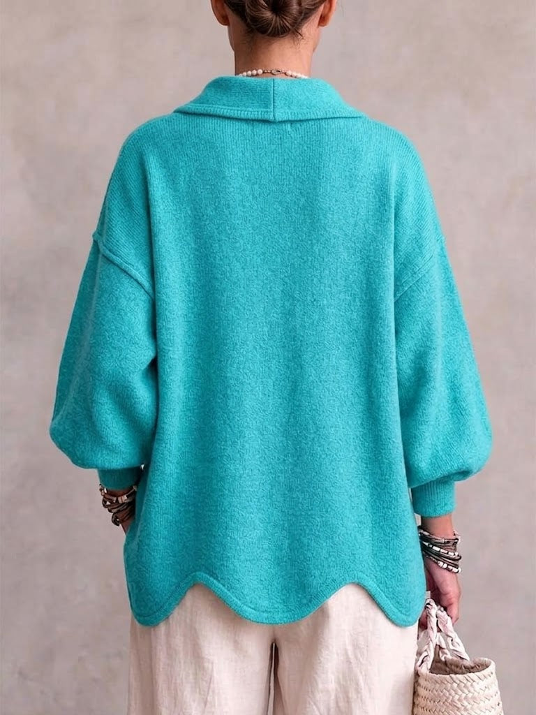 Oversized Knit Cardigan Featuring Large Metal Buttons, A Shawl Collar, And An Asymmetrical Hem