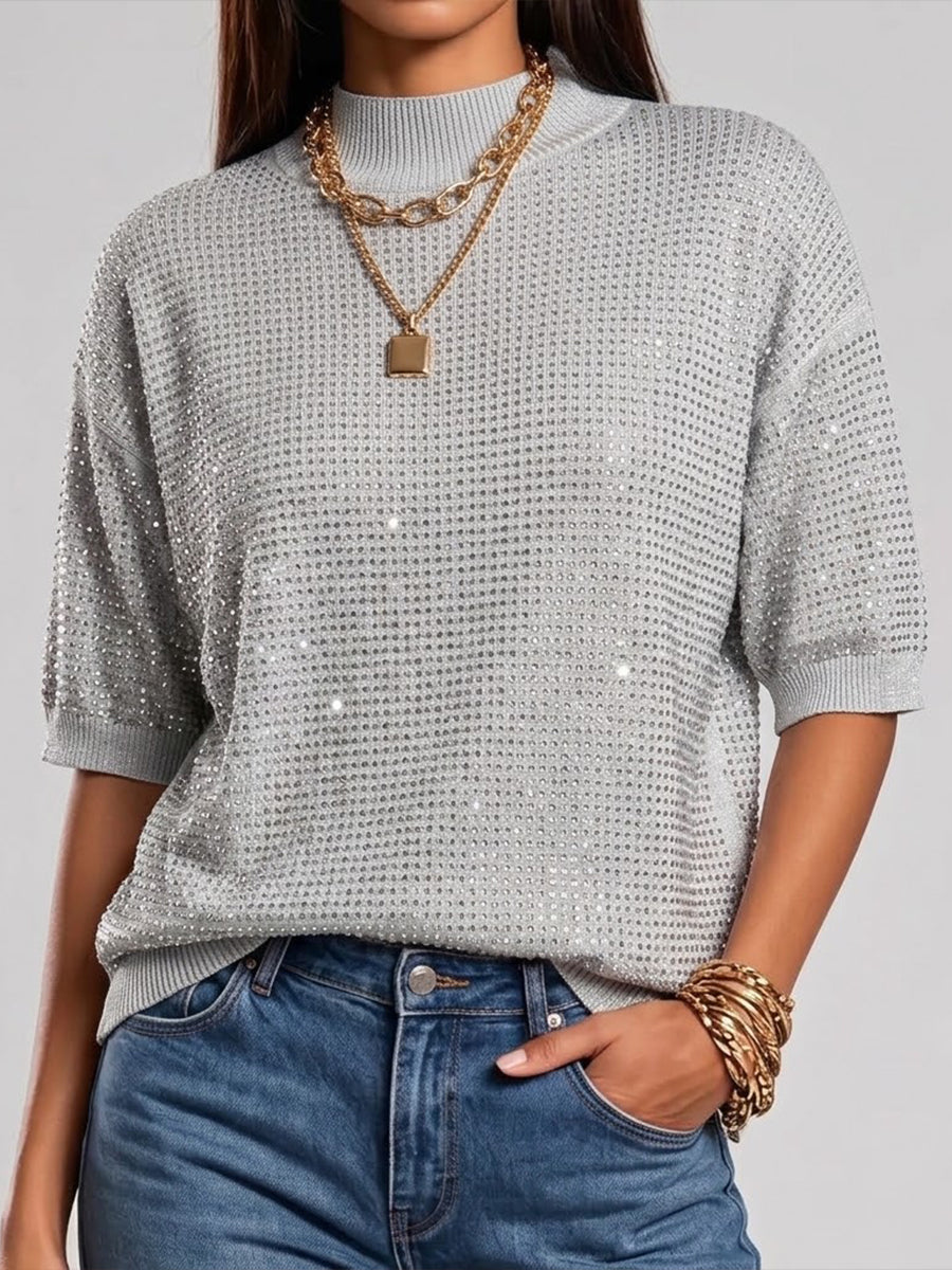 Chic Rhinestone-embellished Mock-neck Knit Top