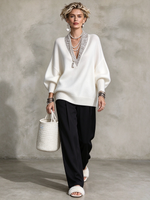 Elegant Luxury Sequin Trimmed V-neck Knit Sweater