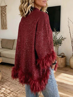 Women's Glamorous Burgundy Sparkle Knit Top With Faux Fur Trim