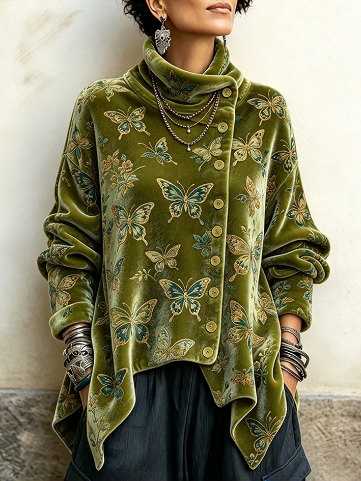 Chic Cozy Green Butterfly Velvet Tunic