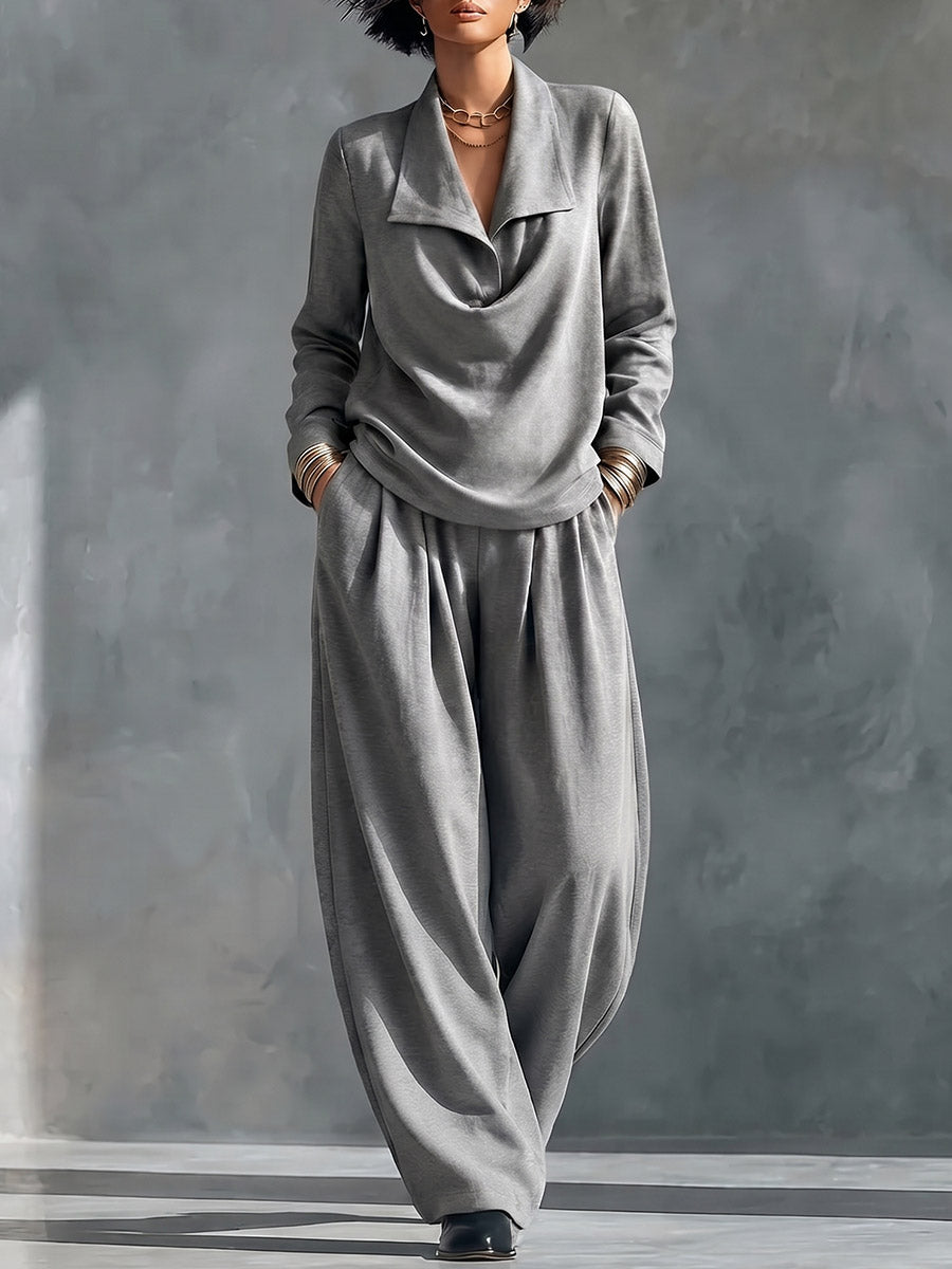 Women's Solid Color Collared Long-sleeved Casual Loose Top And High-waisted Wide-leg Pants Set