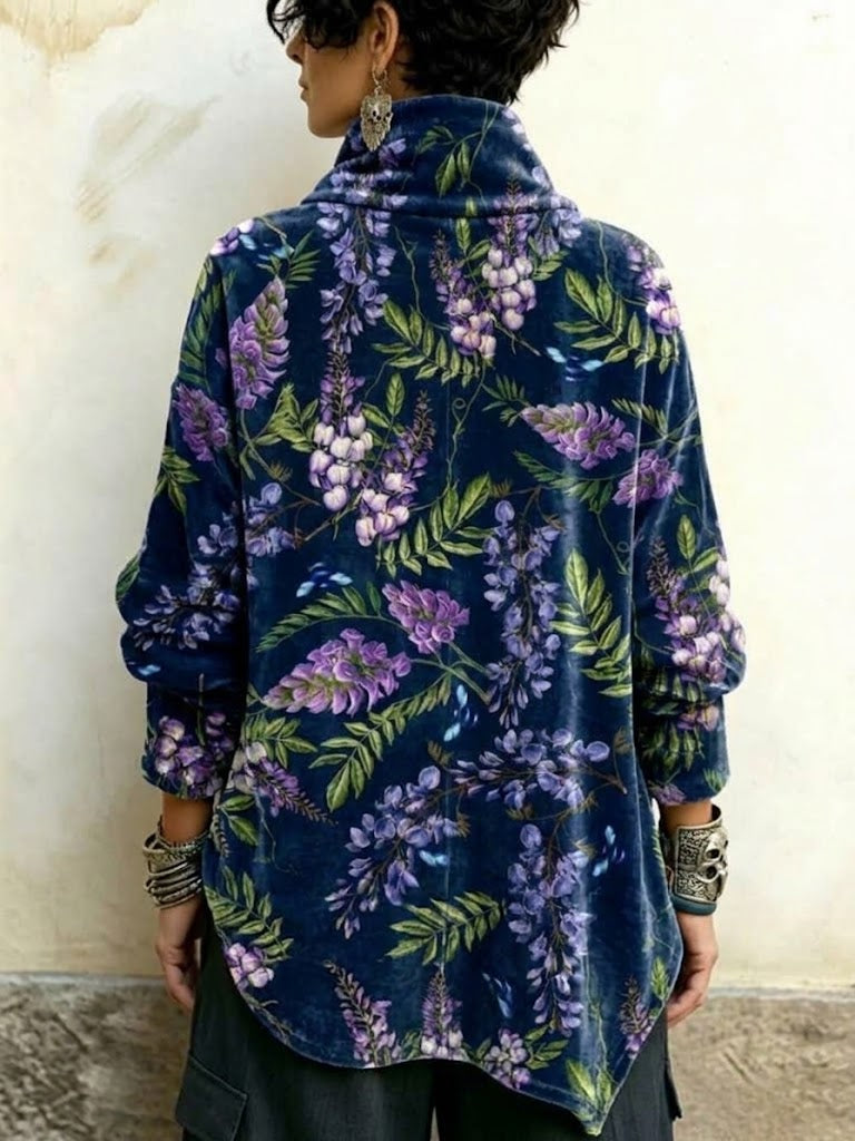 Velvet High-neck Top Featuring Wisteria Floral Motifs And Asymmetrical Front Button Detailing