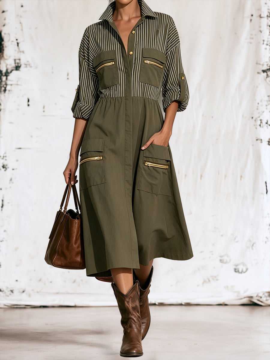 Casual Striped-panel Utility-style Cotton Midi Dress
