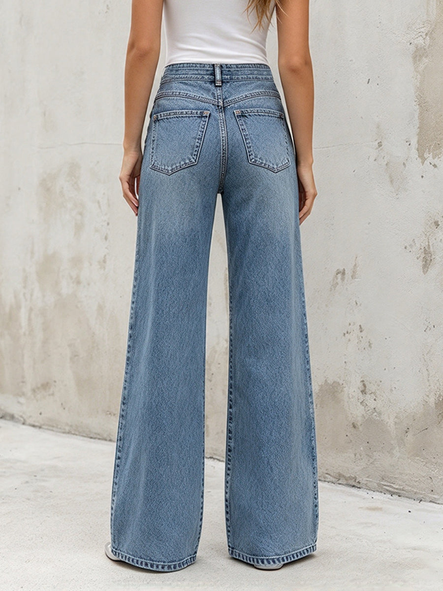 Casual Retro Multi-strap Button-detail Wide-leg Jeans