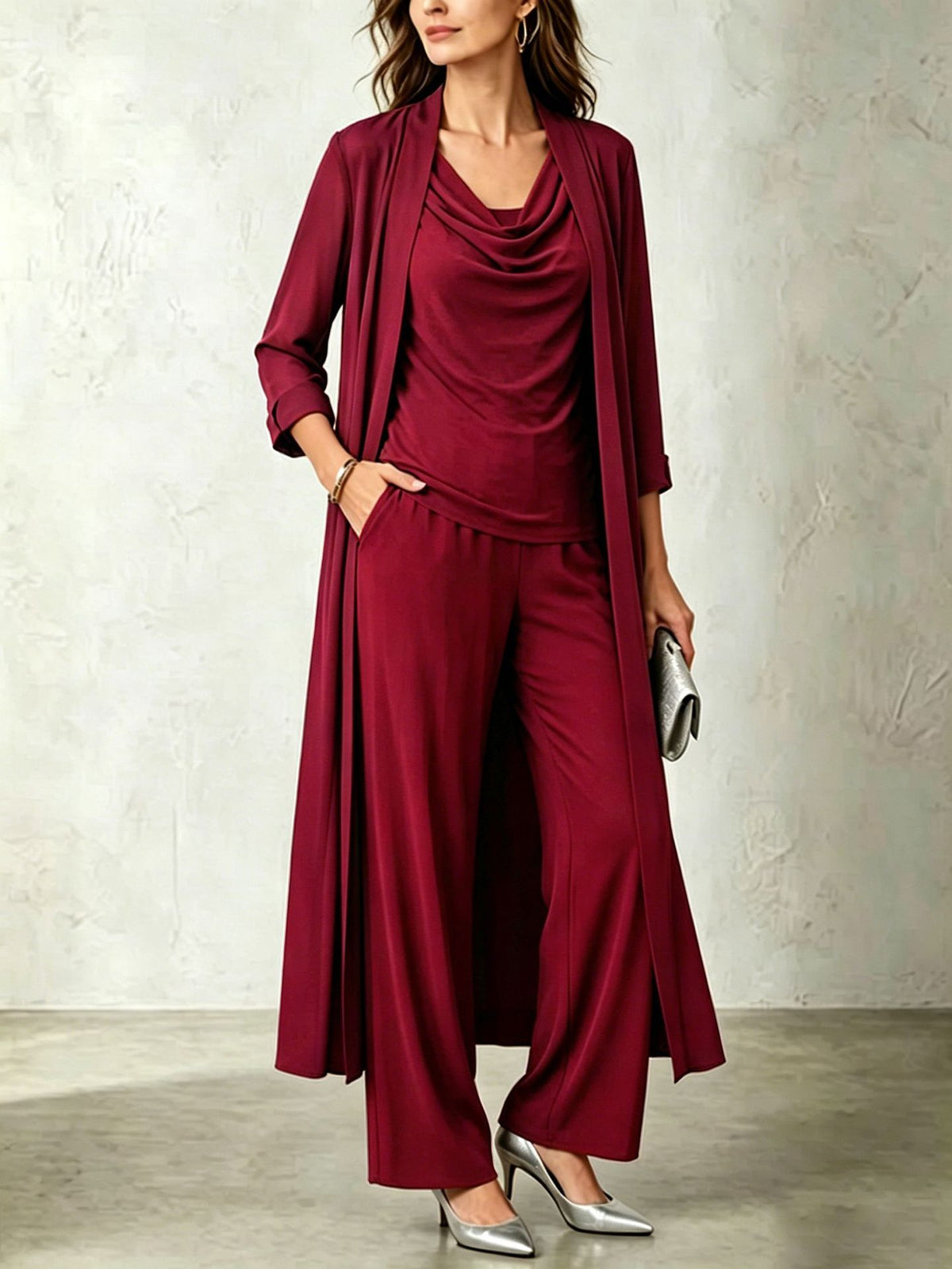 Chic Slate Blue Cowl-neck Top, Duster Cardigan & Flowing Wide-leg Pants