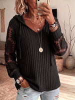 Solid-color Hooded Long-sleeve Lace-knit Top With Cut-out Details