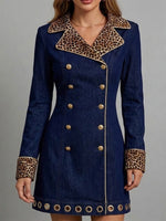 Leopard-print Collared Double-breasted Denim Dress