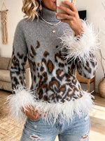 Leopard-print High-neck Knit Sweater With Feather Trim
