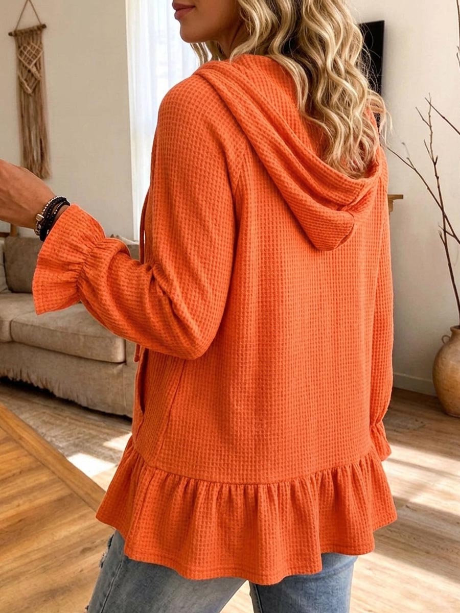 Women's Waffle Knit Hoodie Henley Button Pullover With Ruffle Hem And Pockets