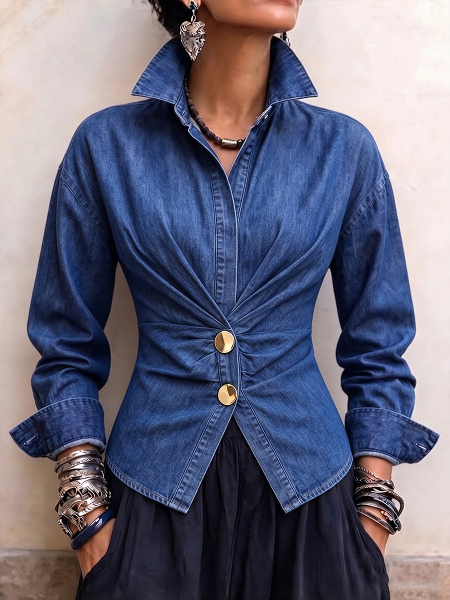 Chic Tencel Denim Gathered Button-Front Shirt
