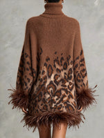 Chic Ombré Leopard-print Feather-trim Knit Dress