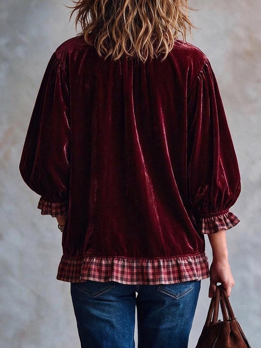Plaid Trim Velvet Ruffle Mock Neck Blouse