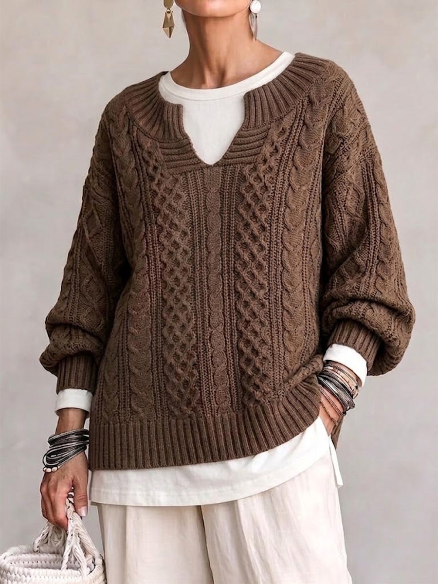 Vintage-style Cable-knit Sweater With A Small Notched V-neck