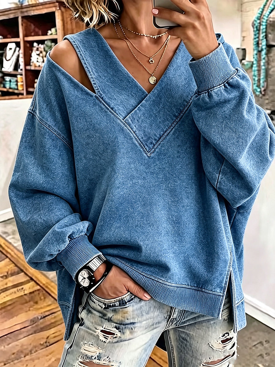 Chic Asymmetrical Cutout Denim-Style Pullover