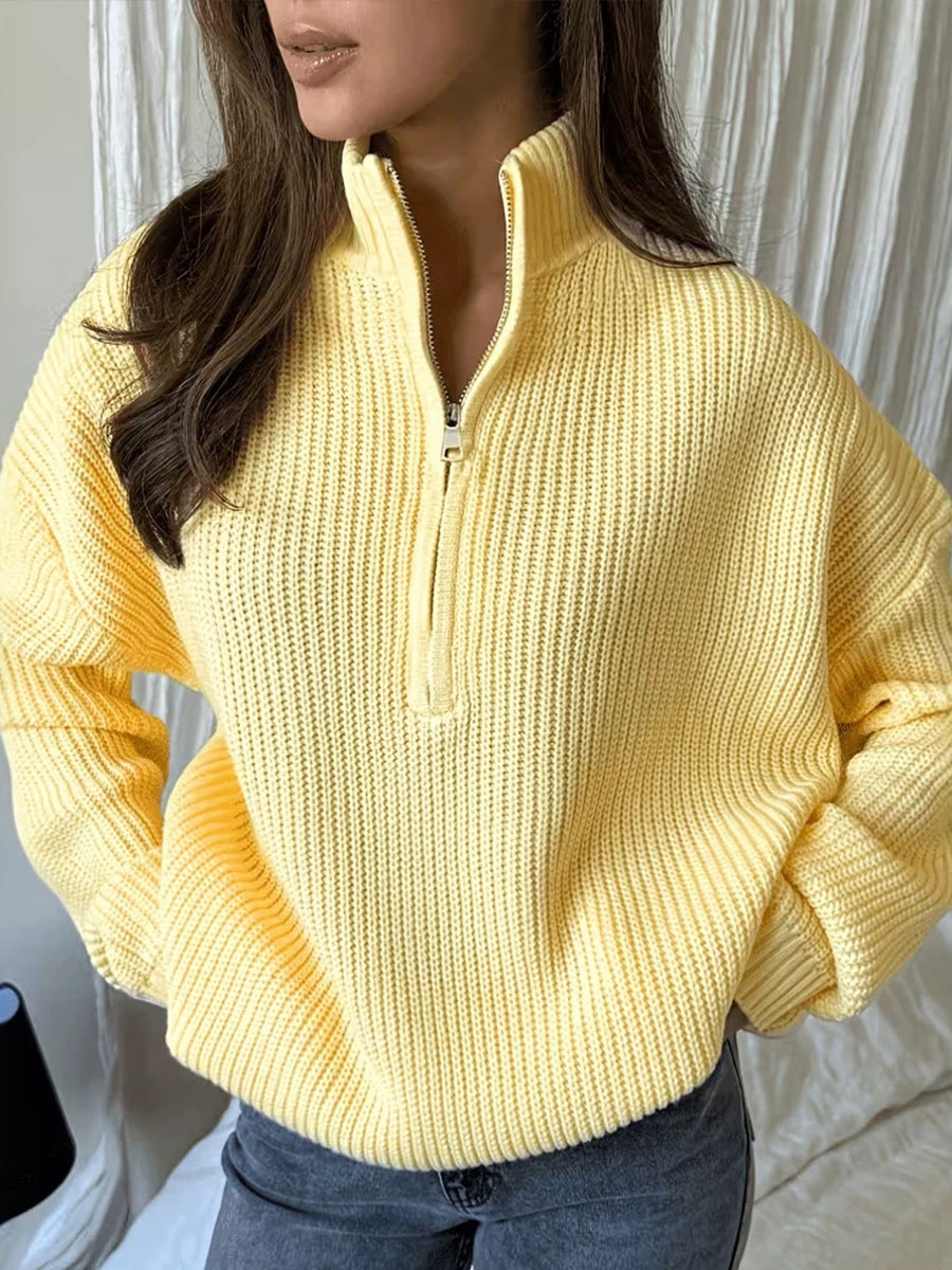 Chic Butter Yellow Quarter-Zip Ribbed Knit Sweater