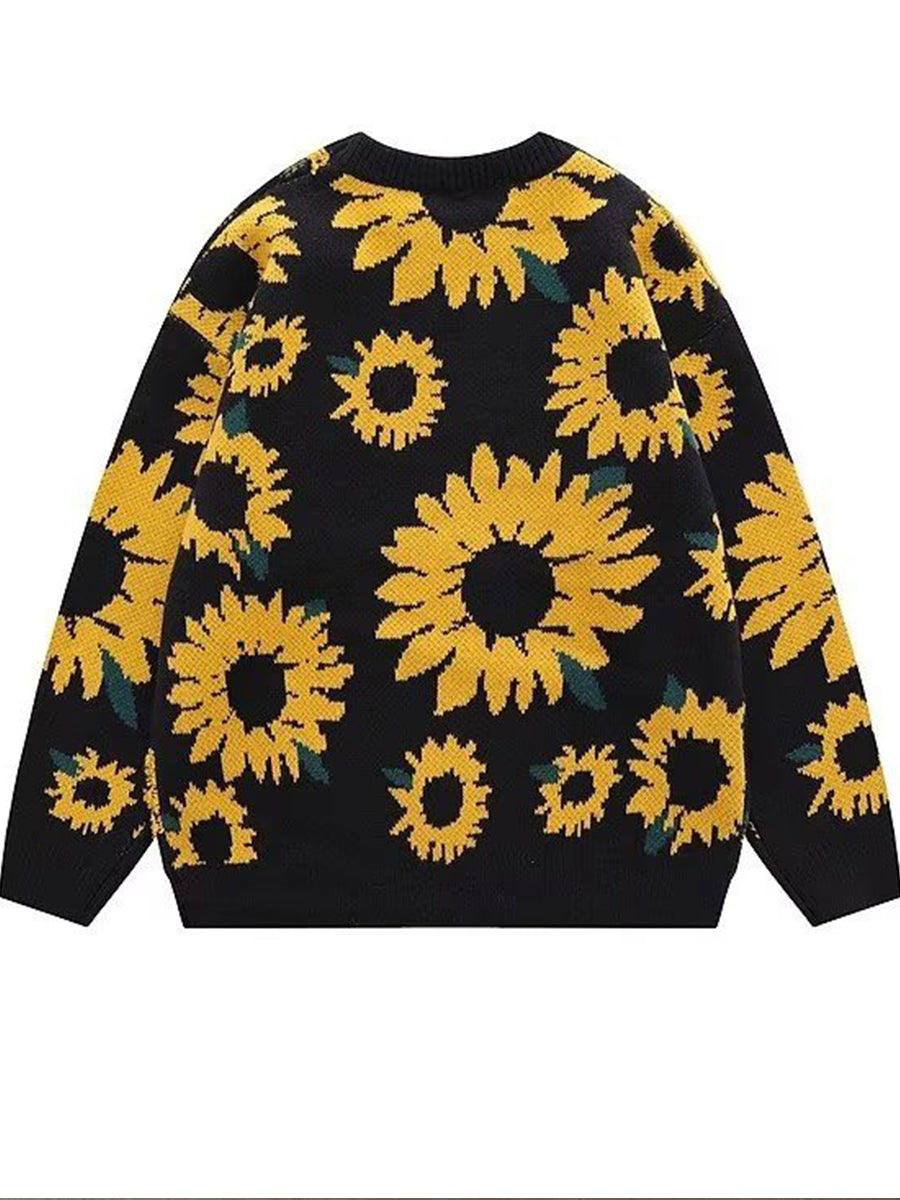 Casual And Comfortable Crew-neck Knit Top With 3d Sunflower Jacquard