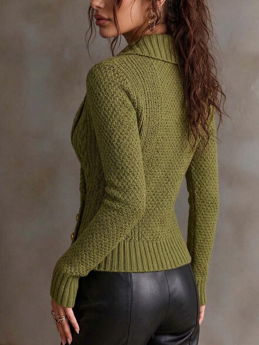 Women's Olive Green Cable Knit Wrap Sweater With Gold Buttons