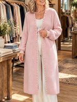 Casual Oversized Long Plush Knit Cardigan With Pearl Embellishments