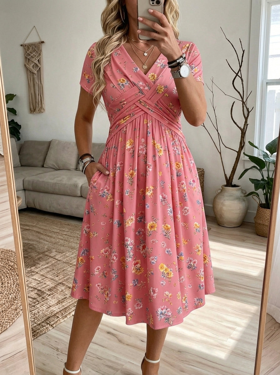 Women's V-Neck Floral Print Dress with Twist Waist