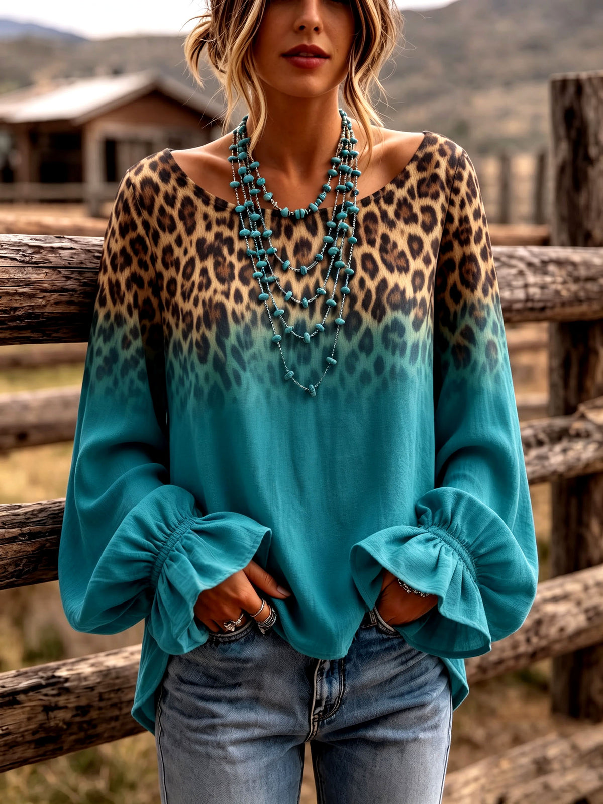 Boho Gradient Leopard Print Ruffle Cuffs Blouse