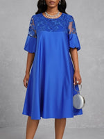 Elegant Yet Casual Solid-color Dress Featuring Embroidery, Paneling, A Round Neck, And Lantern Sleeves.