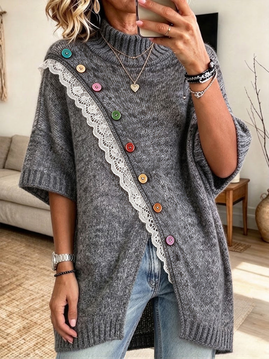Chic Long-line Knit Top With Lace Trim And Multi-button Detailing (multicolor)