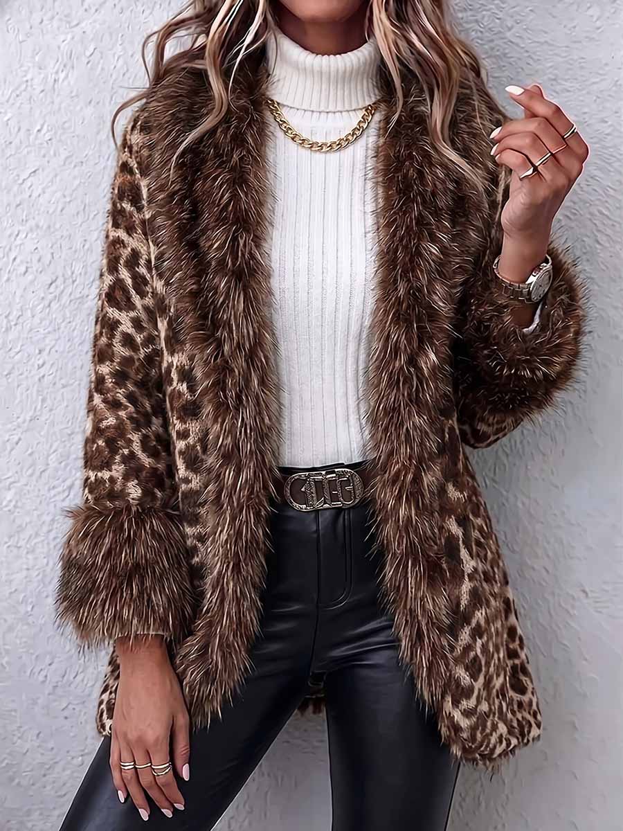 Women's Leopard Print Faux Fur Trimmed Open Front Coat