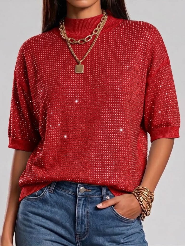 Chic Rhinestone-embellished Mock-neck Knit Top