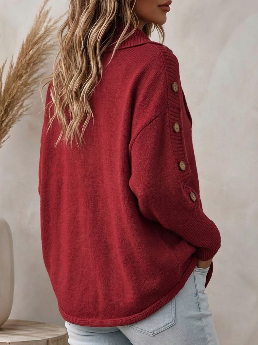 Women's Red Cable Knit Sweater with Asymmetrical Collar and Button Sleeves