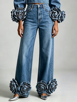 Stylish Casual Denim Jeans With 3d Floral Details