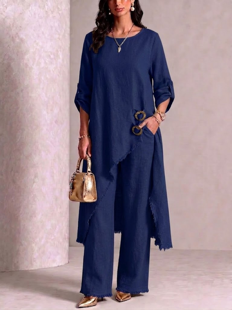 Loose-fit Asymmetric Robe Set With Metal Clasp Detail