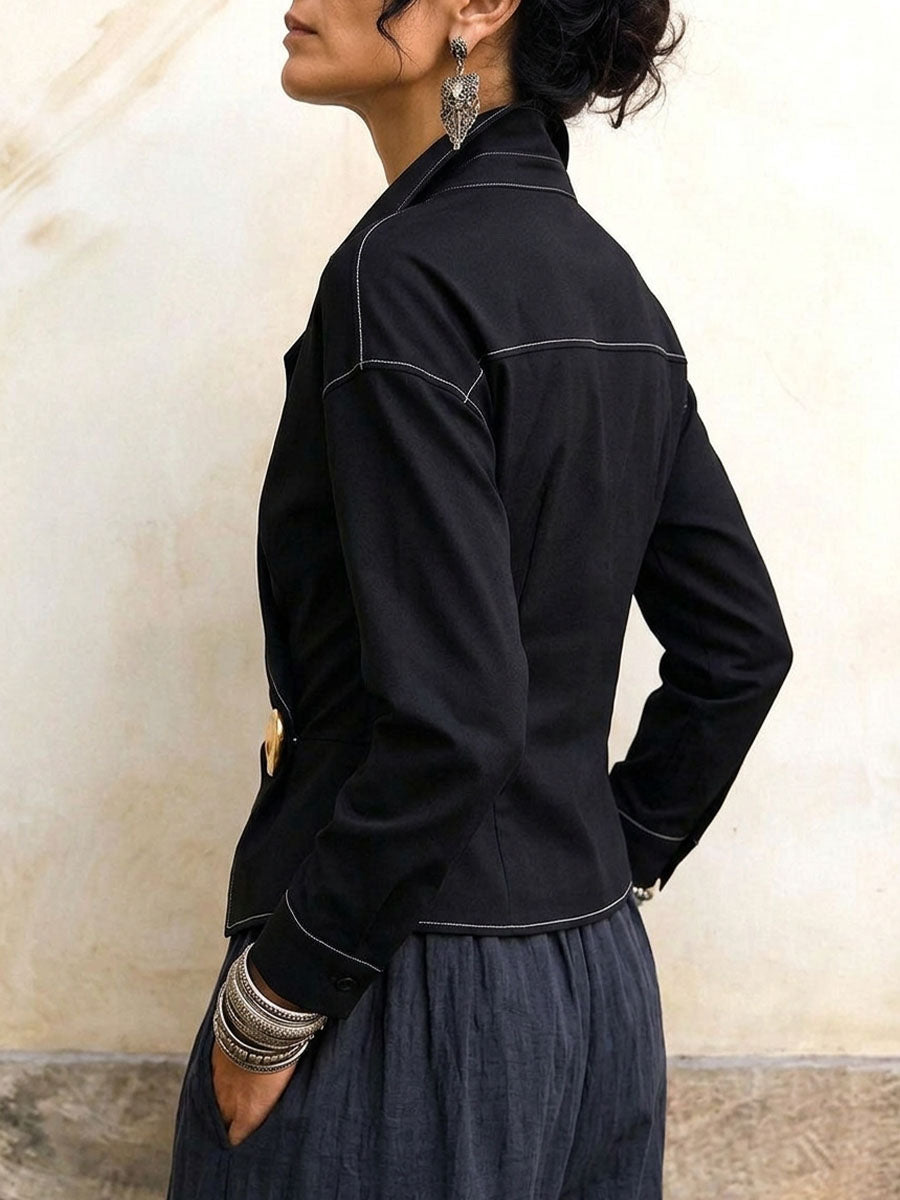 Women's Asymmetric Wrap Blouse with Contrast Stitching