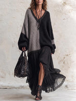 Women's V-neck Long-sleeve Color-block Knit And Mesh Panel Dress