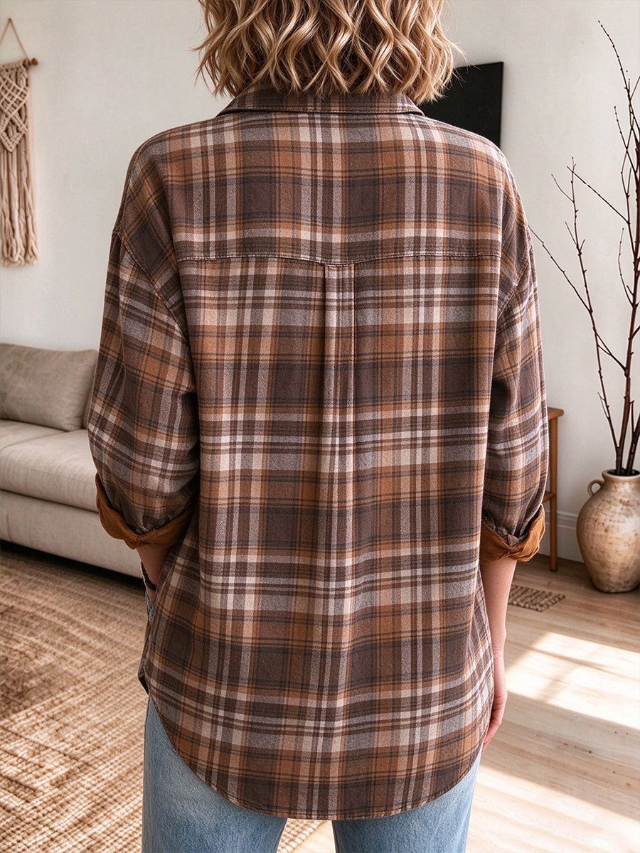 Relaxed Plaid Contrast Suede Trim Button-Down