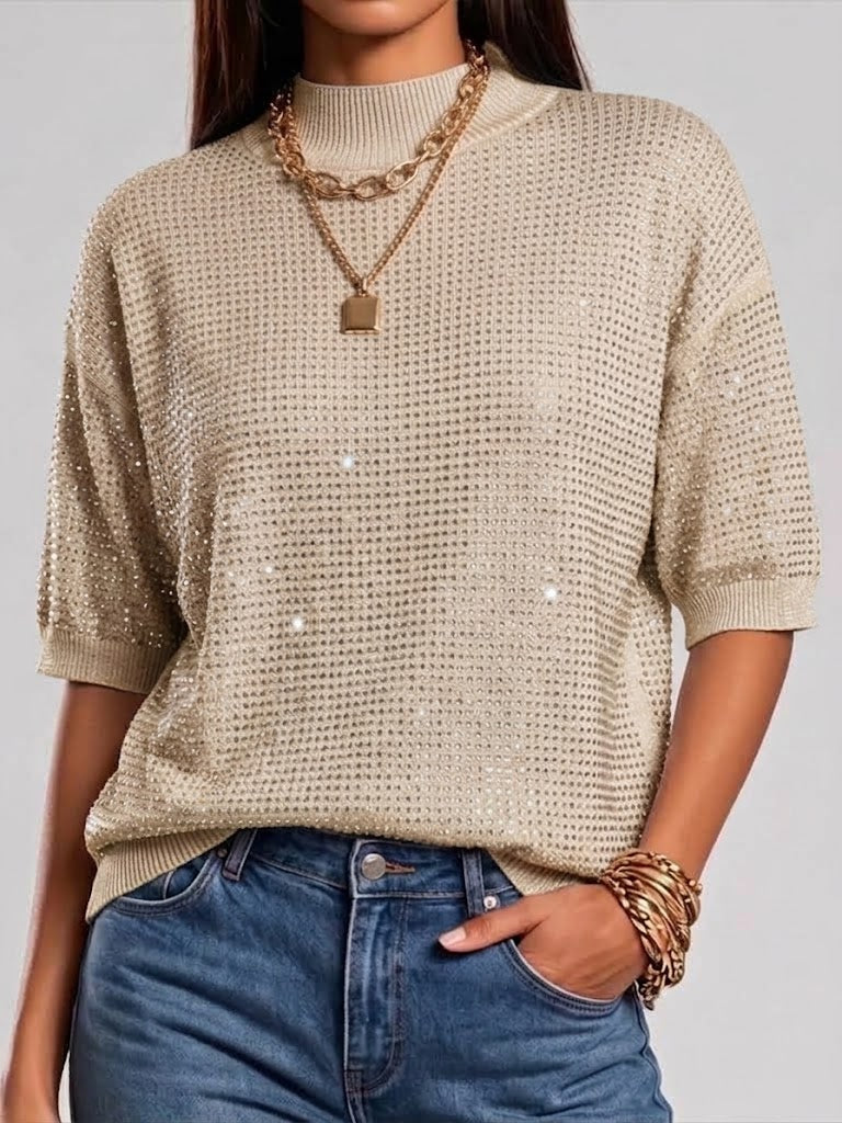 Chic Rhinestone-embellished Mock-neck Knit Top
