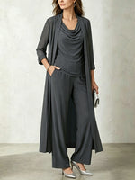 Chic Slate Blue Cowl-neck Top, Duster Cardigan & Flowing Wide-leg Pants