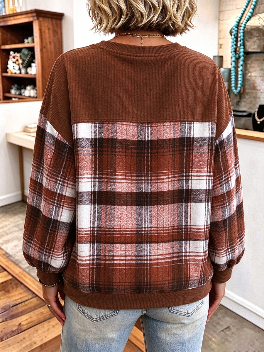 Oversized Plaid-patchwork Cozy Pullover Sweatshirt