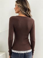 Casual Stylish Lace Trim Ribbed Top