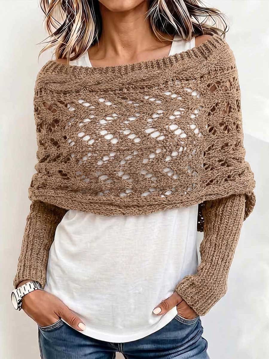 Women's Solid-Color Reversible Long-Sleeve Cut-Out Knit Shawl
