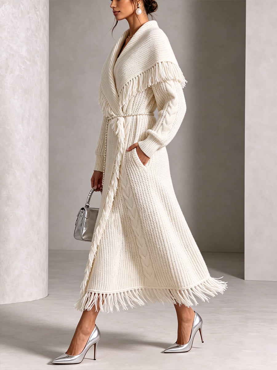 Cozy Fringed Cable-Knit Midi Cardigan Dress