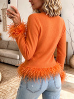 Vibrant Feather-Trim V-Neck Cardigan