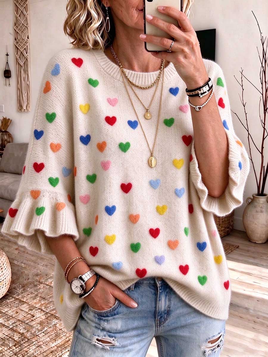 Women's Cute Colorful 3D Heart Pattern Knit Sweater