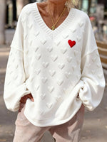 Textured 3D Heart V-Neck Pullover