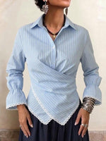 Striped Lace-trimmed Shirt With Lapel And Wrap-waist Detail