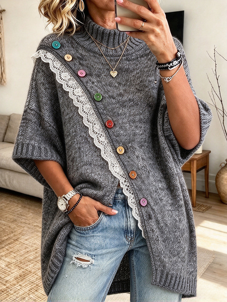 Chic Long-line Knit Top With Lace Trim And Multi-button Detailing (multicolor)